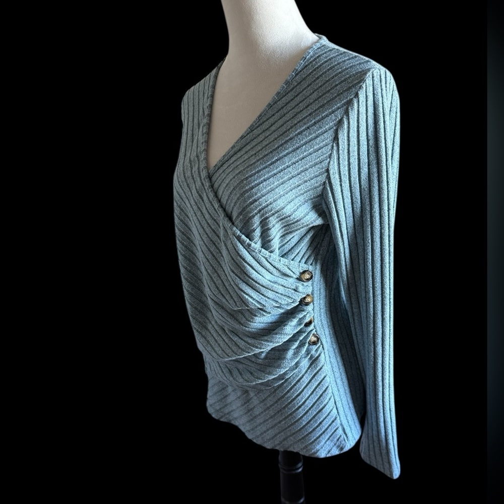 Pale Blue Ribbed Wrap Top with Button Runching - Picture 3 of 13